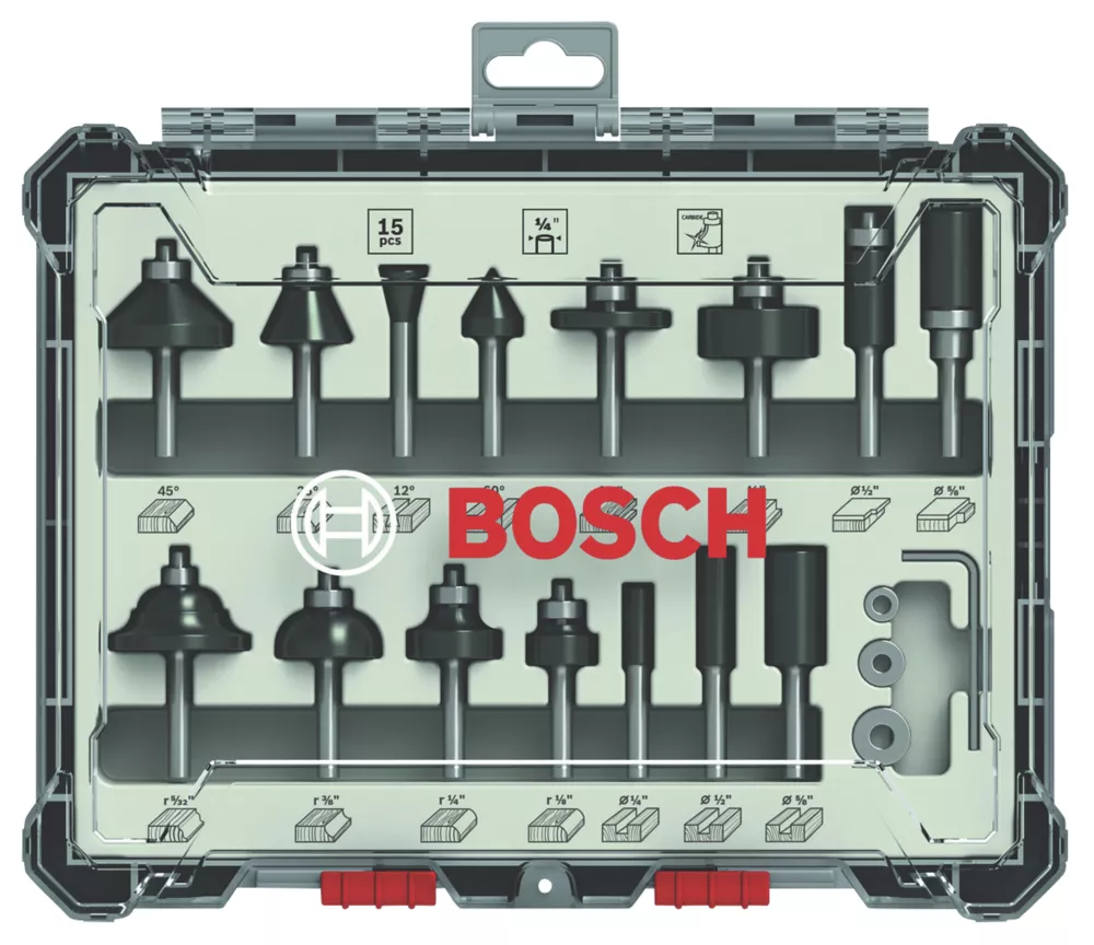 Bosch 1/4" Shank Router Bit Set 15 Pieces 1 Bosch 1/4" Shank Router Bit Set 15 Pieces