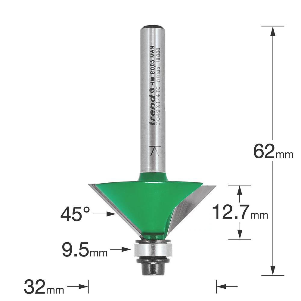 Trend C049X1/4TC 1/4" Shank Double-Flute 45° Chamfer Bearing-Guided Router Cutter 32 X 12.7mm 3 Trend C049X1/4TC 1/4" Shank Double-Flute 45° Chamfer Bearing-Guided Router Cutter 32 X 12.7mm - Image 3